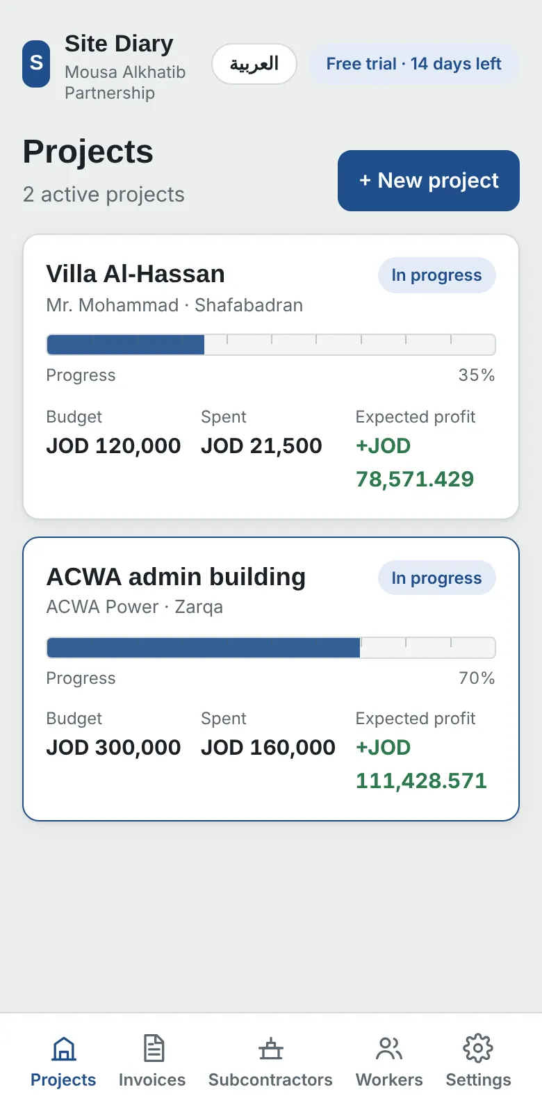 Site Diary projects list with budget, spending and expected profit
